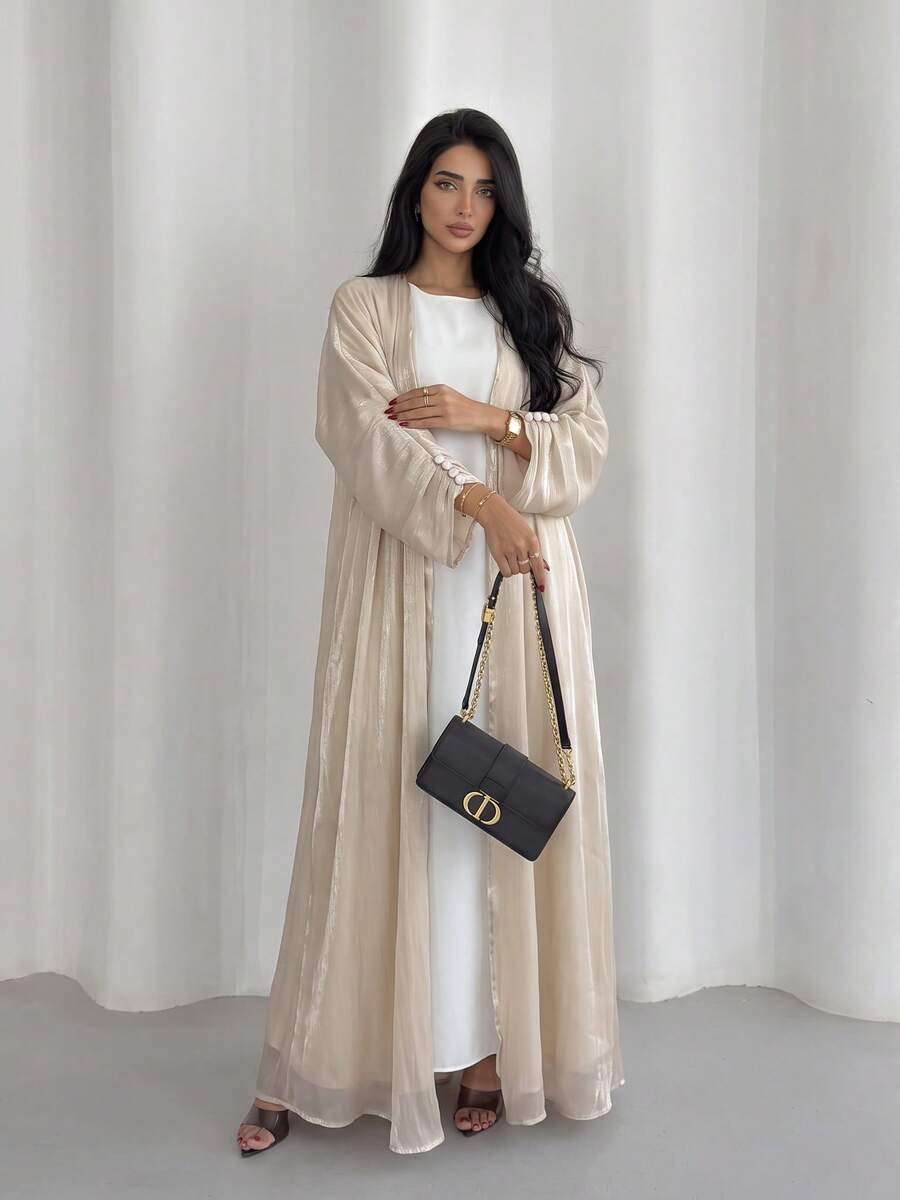 女款保守長款長袍 Abaya 外套開襟衫 亮面絲綢連衣裙 Ins 風格(不含頭巾) - 杏色 - 查看 1