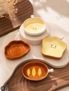 4pcs/Set Piring Saus Keramik Berbentuk Roti yang Lucu, Piring Saus Mini untuk Buah Kering, Cocok untuk Sarapan, Camilan, Hidangan Pembuka, dan Penggunaan di Dapur Rumah - MultiWarna - View 1