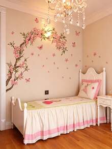 30*90cm 自黏式桃花與蝴蝶 2D 牆貼，居家背景裝飾牆貼，幼兒房裝飾 - 彩色 - 查看 1