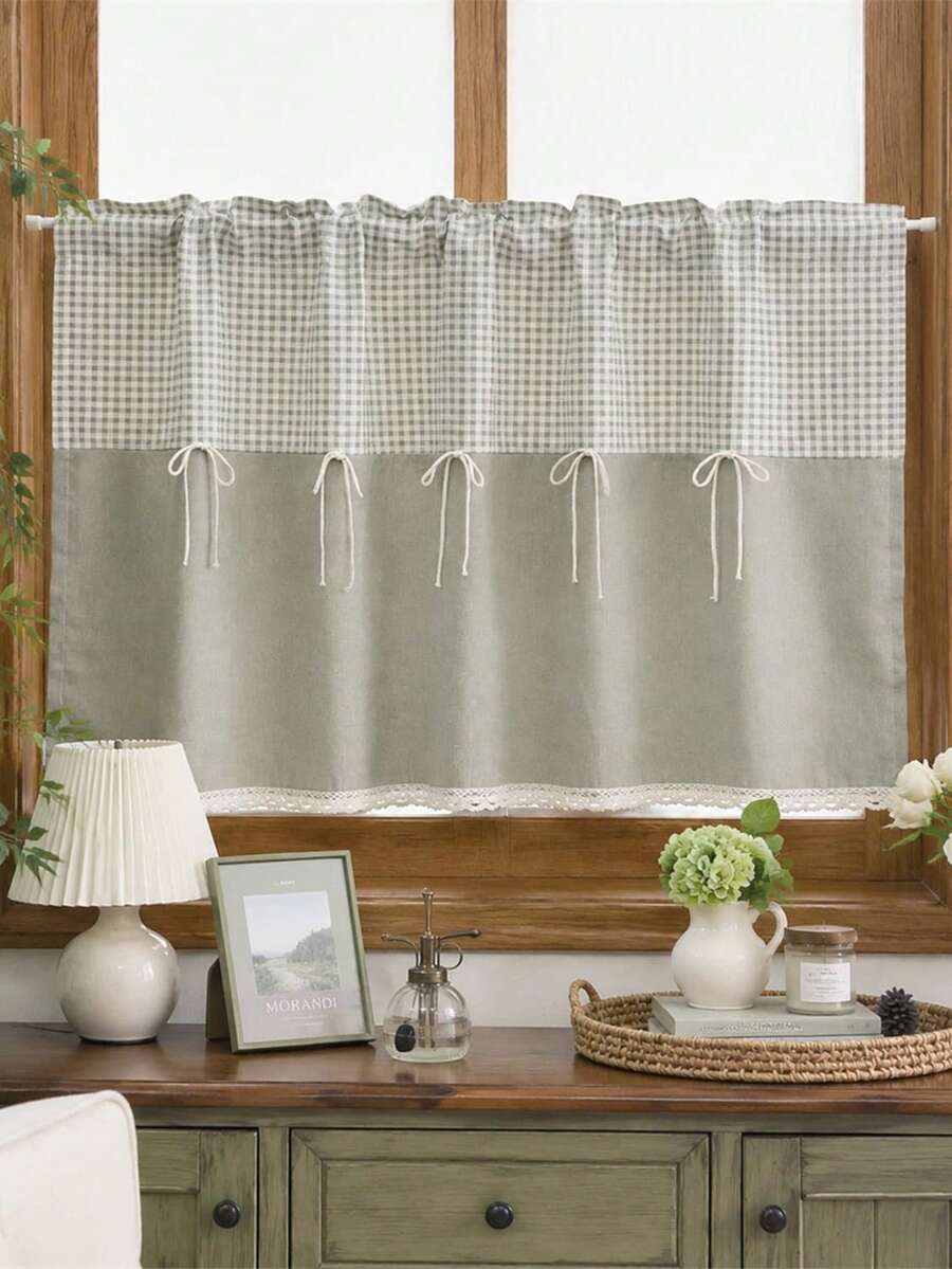 1pc Farmhouse Gingham Spliced Cafe Tier Curtain, Rod Pocket Short Window Valance With Bow Knot & Lace Edge, Small Window Curtain For Kitchen Sink Decor - Grey-green - View 1