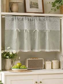 1pc Farmhouse Gingham Spliced Cafe Tier Curtain, Rod Pocket Short Window Valance With Bow Knot & Lace Edge, Small Window Curtain For Kitchen Sink Decor - Grey-green - View 5