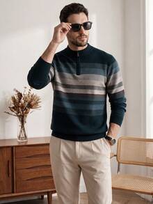 Men's Autumn/Winter Half-Zip Collar Striped Casual Pullover Sweater, Business Commute Simple Style, Long Sleeve Top - Navy Blue - View 5