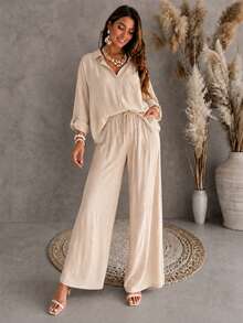 Women's Solid Color Loose Elegant High Waist Casual Linen Set, Loose Fit Flattering Slouchy Commute Vacation Outfit - Khaki - View 4