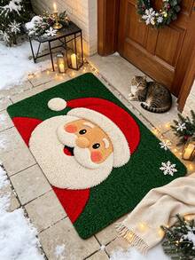 1pc Green Background Santa Claus Doormat, Christmas Gift, Doormat, Small Rug, Welcome Mat, Carpet, Floor Mat, Outdoor Doormat, Kitchen Rug, Home Decor, Front Door Mat, Area Rug, Outdoor Mat - Multicolor - View 3
