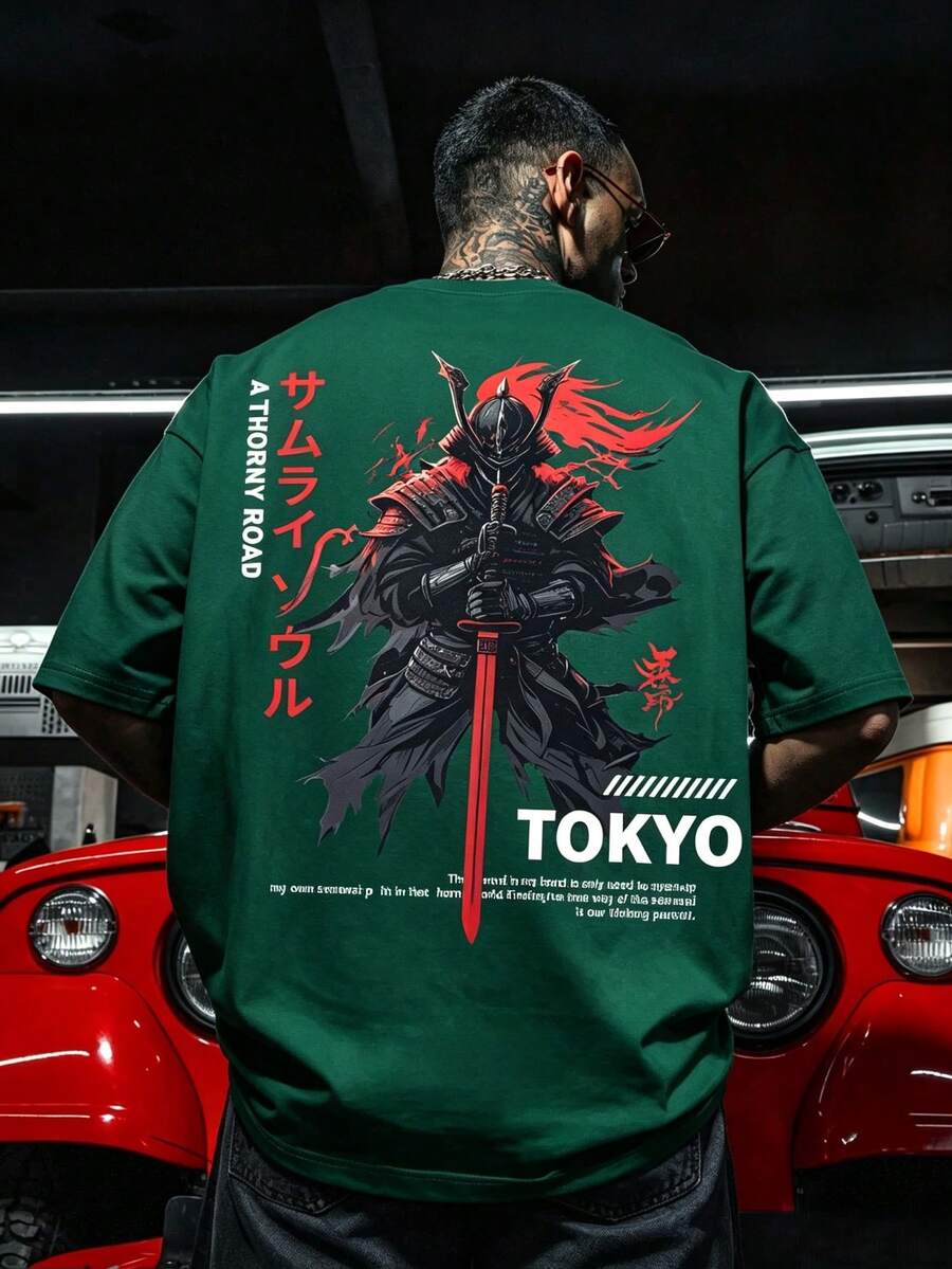 男士街头时尚宽松赛博朋克武士东京印花圆领短袖T恤 | 精致设计 | 夏季必备 | 易于搭配