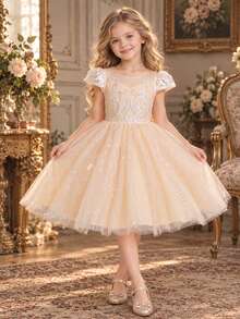 Young Girls Flower Girl Wedding Dress, Elegant Applique Sequin Fluffy Vintage Short Dress, Holiday, Wedding, Birthday Party Formal Evening Gown - Gold - View 1