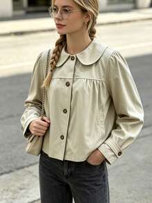 Women's Solid Color Peter Pan Collar Pleated Casual Commuter Jacket - Apricot - View 4