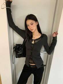 女款新款長袖底層T恤，獨特層次設計，蕾絲飾邊，修身版型，優雅上衣 - 灰色 - 查看 5