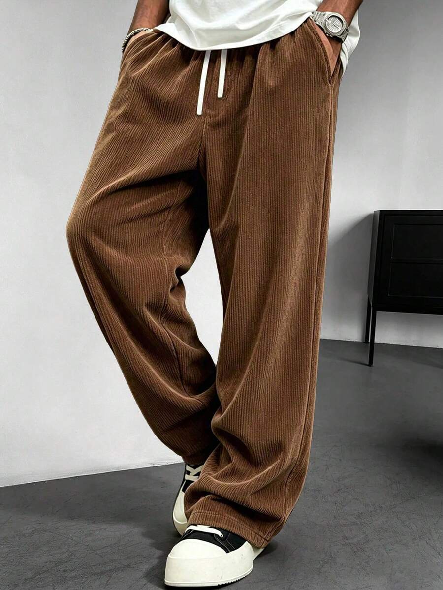 Men's Corduroy Cargo Pants With Elastic Drawstring Waist, Multiple Pockets, Wide Leg Casual Long Pants, Autumn/Winter - Coffee Brown - View 1