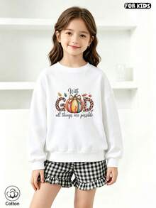 Girl's Casual Cute Hoodie, Printed With Pumpkin Pattern And The Words "In Front Of God, Everything Is Possible", Breathable And Comfortable, - White - View 3