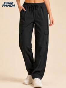 GRIM PANDA Women Fall Wide Leg Cargo Pants Elastic Drawstring Waist Side Pockets Loose Fit Casual Outdoor Streetwear Daily Long Trousers For Autumn - Black - View 3