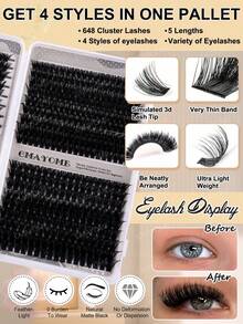 CMAYOME Large Capacity Eyelash Set, 666pcs D Curl Cluster Lashes, 8–16mm, Soft Fluffy Single Cluster Design, Create Natural Voluminous Eyelash Look, Suitable For DIY Eyelash Extensions, Multi-Functional All-In-One Eyelash Set, Customizable Eye Makeup, Cat Eye Lashes, Anime Lashes - Multicolor - View 5