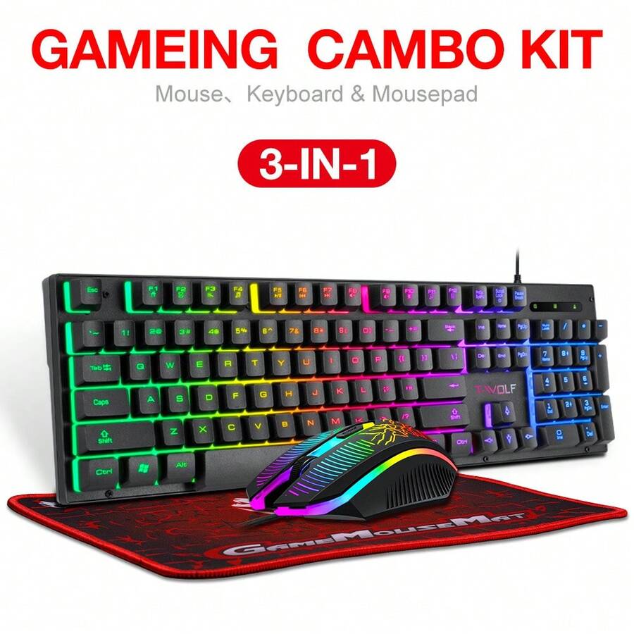 T-WOLF 3-In-1 Gaming Keyboard And Mouse Set With RGB Backlit Wired 104-Key Keyboard, 4-Button Wired LED Mouse And Mouse Pad - View 1