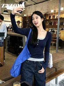 U-Neck 2 In 1 Long Sleeve T-Shirt Women, Fitted Base Layer Top, Sexy Style, Autumn - Navy Blue - View 4
