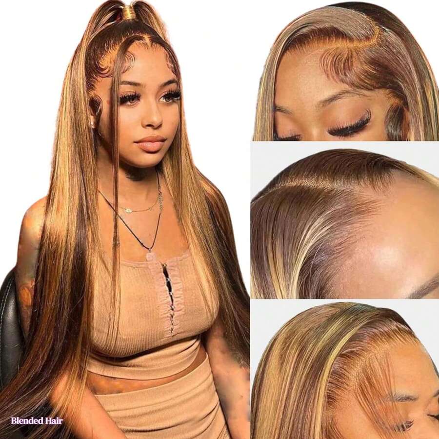 13x6 34Inch Ombre Highlight Straight Lace Front Wig 200% Density #4/27 Piano Color Honey Blonde Brown Wig Blended Hair Wig 13X4 Transparent Lace Frontal Wig For Women Pre Cut Lace Wear And GO Glueless Wig Pre Plucked Balayage 5x5 4x4 Lace Closure Wig