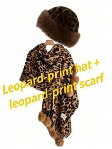 Winter Leopard Print 2 Pieces Set: Thick Leopard Print Faux Fur Earflap Hat, Paired With Matching Color Pom Pom Leopard Print Scarf. Made Of Thick Fleece Material, Windproof And Warm, Lightweight And Comfortable, Ear Protection Design, Keeps You Warm All Over - Multicolor - View 5
