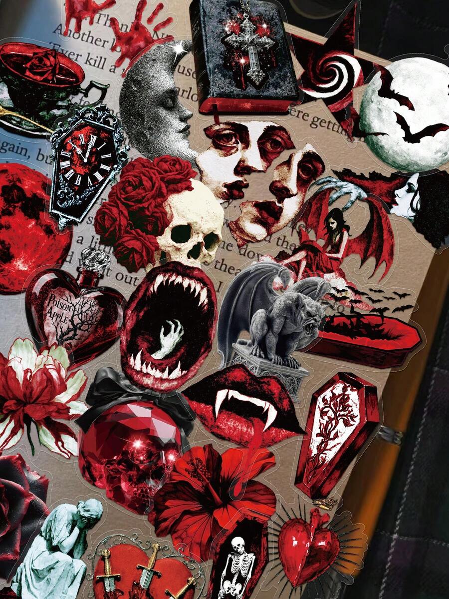 50pcs Dark Vampire Stickers For Journal, Diary, Scrapbook, Planner, Luggage, Envelope, Greeting Card, Notebook, Tablet, Water Bottle - Dark Vampire - View 1