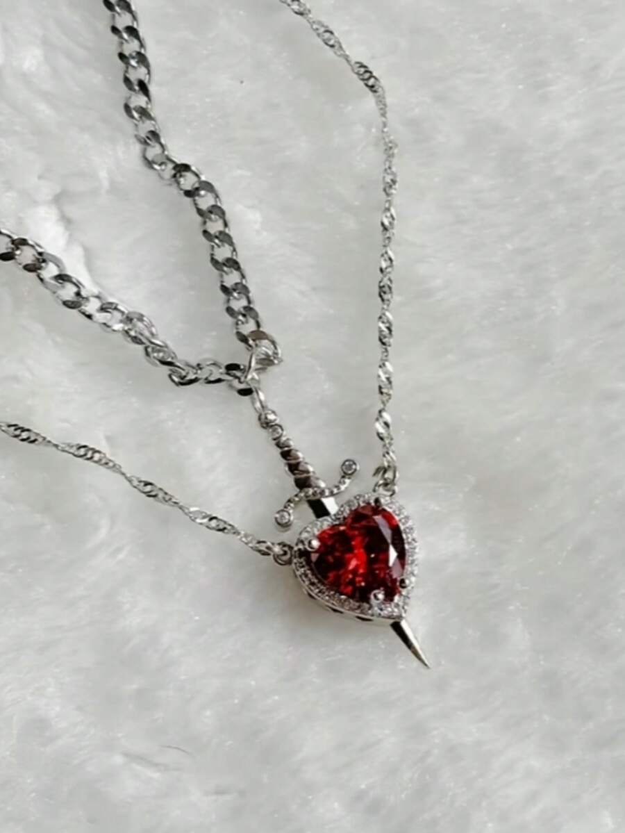 2pcs Heart & Sword Necklace Unique Couple Jewelry Silver Color Necklace Wedding Party Confession Gift - Multicolor - View 1