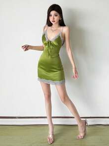 Top Dazzle Chic Women's Satin Fitted Mini Dress, Sleeveless Deep V-Neck Spaghetti Strap Style With Ruffle Lace Details, Creating A Stunning Look - Green - View 1