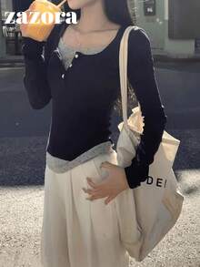 U-Neck 2 In 1 Long Sleeve T-Shirt Women, Fitted Base Layer Top, Sexy Style, Autumn - Navy Blue - View 8