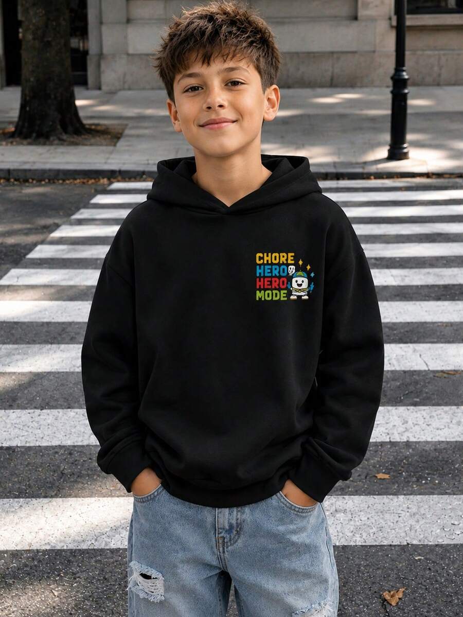 1件装青少年男童加厚保暖连体卫衣,学生服装,适合秋冬季节穿着的长袖上衣 - 黑色 - 查看 1