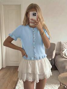 Women's Spring/Autumn Loose Vintage Fashion Short Sleeve Knit Cardigan, With Ruffle Design And Metal Buttons, Elegant Soft Sweater - Blue - View 12