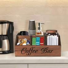 Rustic Wooden Coffee Station Storage Box, Countertop Use - Multifunctional Brown Coffee Capsule Holder Storage Basket With Drawer And Hooks, Suitable For Storing Coffee, Tea And Accessories Decor, Ideal For Coffee Bar - Brown - View 5
