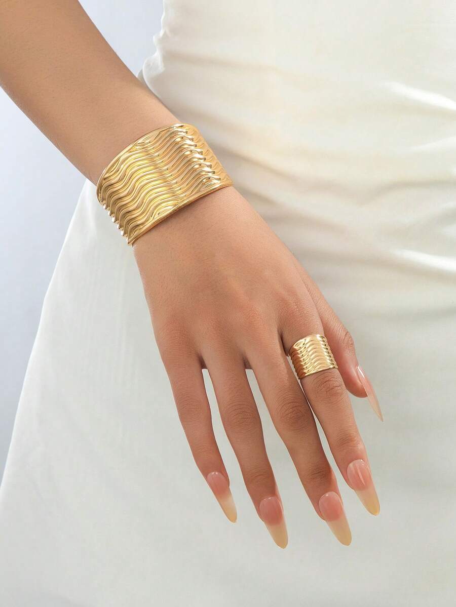 1 Set/2 Pcs Exaggerated Fashion Elegant Design Metal Geometric Wave Stripe Open Adjustable Bracelet + Ring Women Jewelry Set, Suitable For Daily Versatile Wear - Yellow Gold - View 1