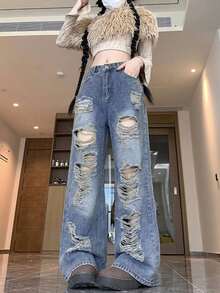Celana Jeans Denim Rusak, Potongan Longgar, Kaki Lebar, Panjang Hingga Lantai - Medium Wash - View 5