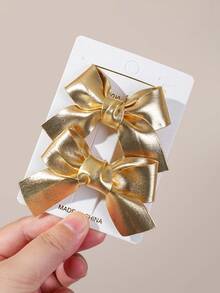 6pcs Kids Gold Solid Color Bow Hair Clips, Top Clips, Back Head Clips, Side Clips, Hair Accessories For Baby, Girls, Alligator Hair Clips, Daily Use - Gold - View 4