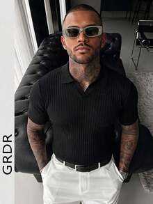 GRDR Men's Summer Henley Collar Striped Knit Short Sleeve, Suitable For Minimalist Versatile Top - Black - View 1