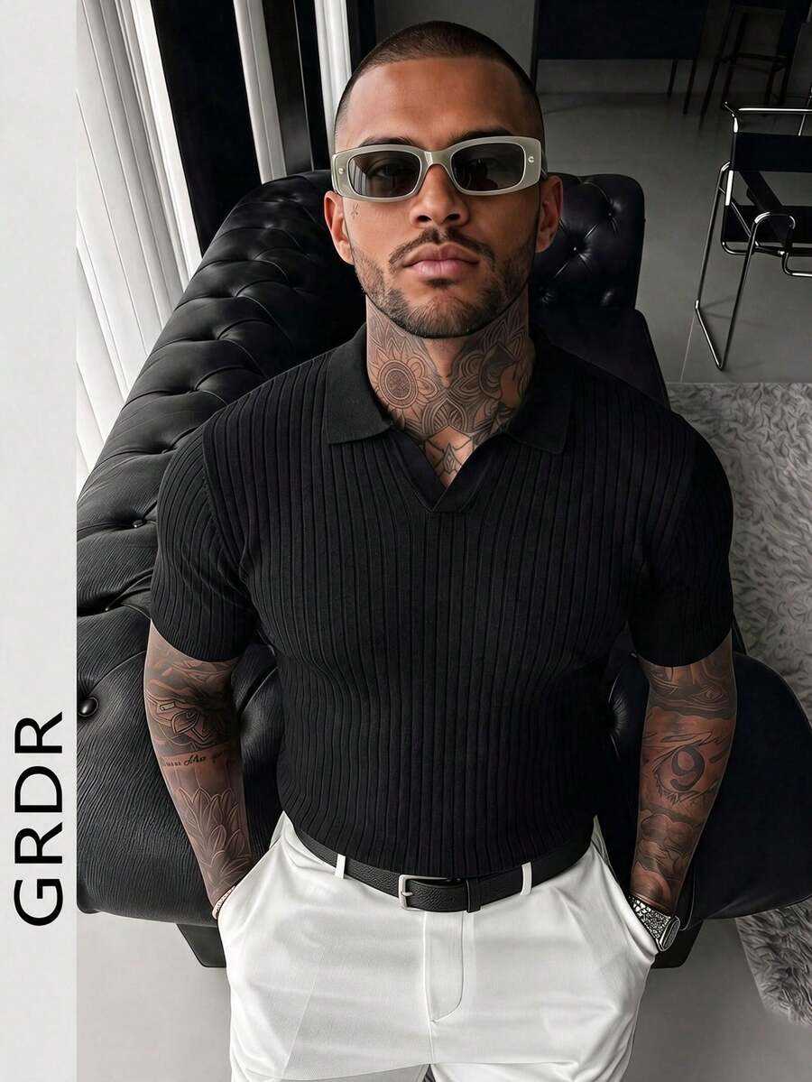GRDR Men's Summer Henley Collar Striped Knit Short Sleeve, Suitable For Minimalist Versatile Top - Black - View 1