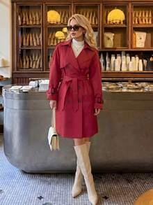 Women's Versatile Elegant Autumn/Winter Trench Coat, Elegant Commuter Casual Coat, New Year Outfit Red - Red - View 3