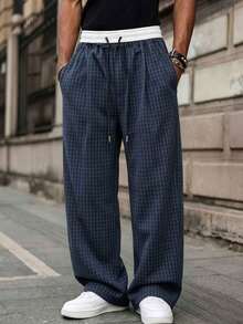 Men's Double Waist Plaid Wide Leg Pants, Elastic Drawstring High Waist Loose Casual Pants, Street Style Loose Pants, Suitable For Daily Wear - Black - View 1