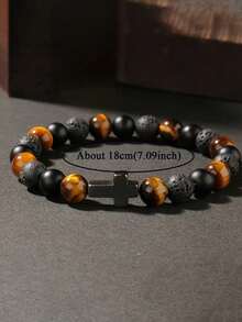 Men's Vintage Natural Tiger Eye Stone Protection Bracelet With Cross, A Daily Protective Emotional Healing Gemstone Jewelry, Gift For Him, Boyfriend - Multicolor - View 5