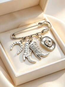 1Pc DIY Western-Style Enamel Brooch, Distressed Silver Cowboy Boot Horseshoe Cowboy Hat Pin, Jewelry Accessory, Women's Accessory, Gift For Friends - Multicolor - View 3