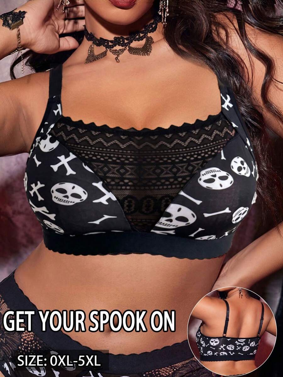 Plus Size Halloween Pattern Women's Bra, Wireless Casual Comfortable Back Design Thin Sports - Black - View 1