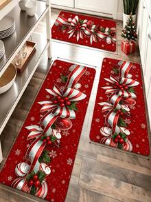 1pc Green & Red Bow Rectangular Rug, Christmas Kitchen Mat, Kitchen Carpet, Kitchen Rug, Door Mat, Small Rug, Carpet, Runner Rug, Floor Mat, Home Decor - Multicolor - View 1