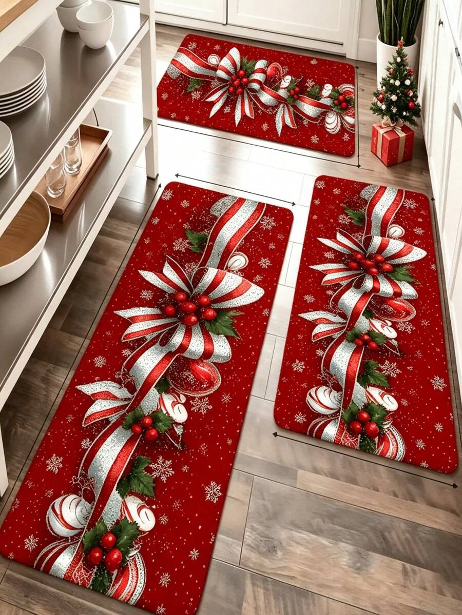 1pc Green & Red Bow Rectangular Rug, Christmas Kitchen Mat, Kitchen Carpet, Kitchen Rug, Door Mat, Small Rug, Carpet, Runner Rug, Floor Mat, Home Decor - Multicolor - View 1