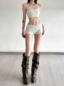 Top Dazzle Women's White Floral Mini Shorts, Glamorous Knit Fabric Straight Leg, Slight Stretch, Create Fashionable Look - White - View 6