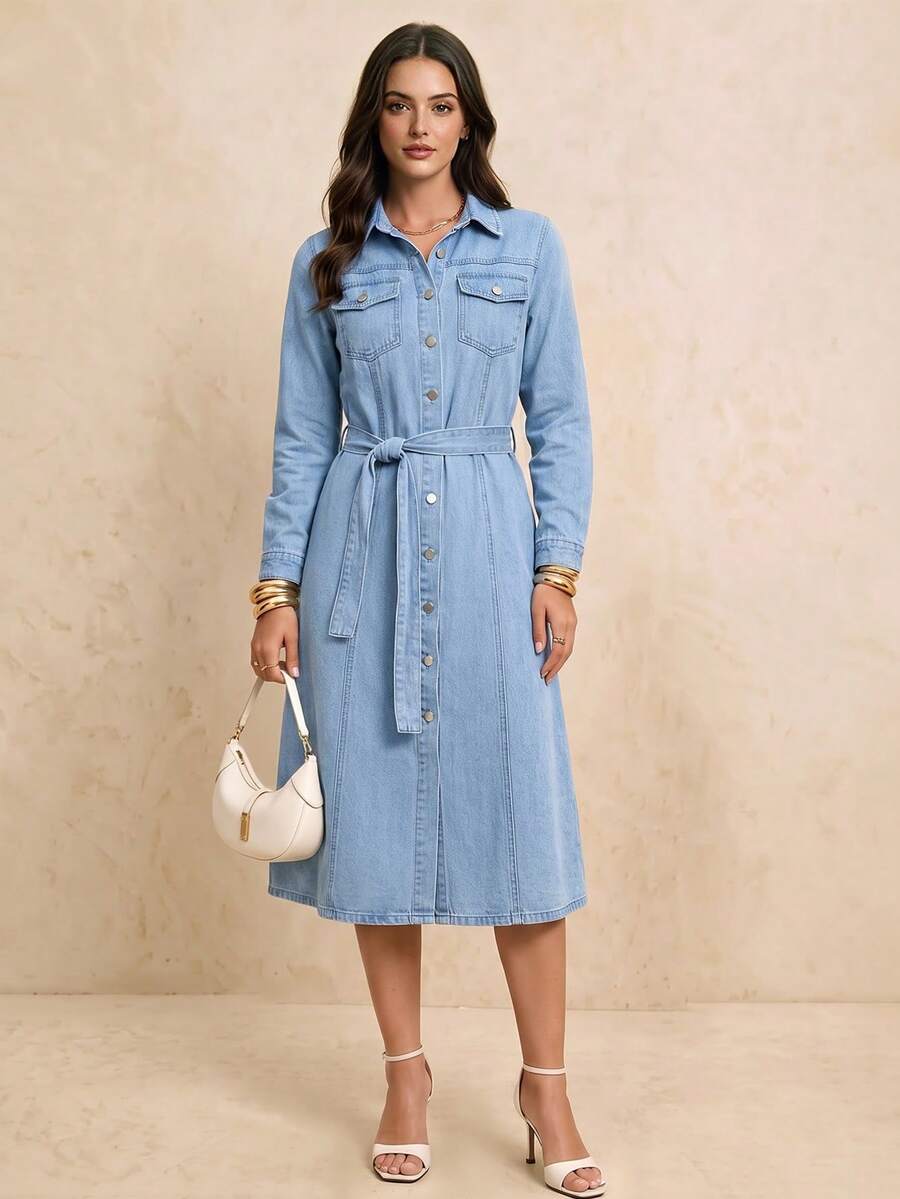 女款休閒無彈力A字牛仔洋裝,襯衫領長袖短版附口袋 - 中等水洗藍 - 查看 1