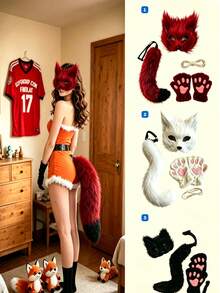 Realistic Cat Ear & Fox Tail Set, Anime Animal Ear Tail Mask & Glove Combo. Plush Realistic Animal Ears With Fluffy Tail And Decorative Mask, Elastic Material For Comfortable Wear. Suitable For Anime Conventions, COSPLAY Role Play, Theme Parties, Music Festival Outfits. Cute & Eye-Catching Personalized Gift,Halloween - A - View 2