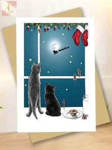 1pc Charming Gray Black Cat Christmas Card - High-Quality Paper,Perfect First Christmas Gift, Ideal For Cat Lovers, Family, Friends, And Colleagues, Suitable For Anyone - One Size Fits All - View 1