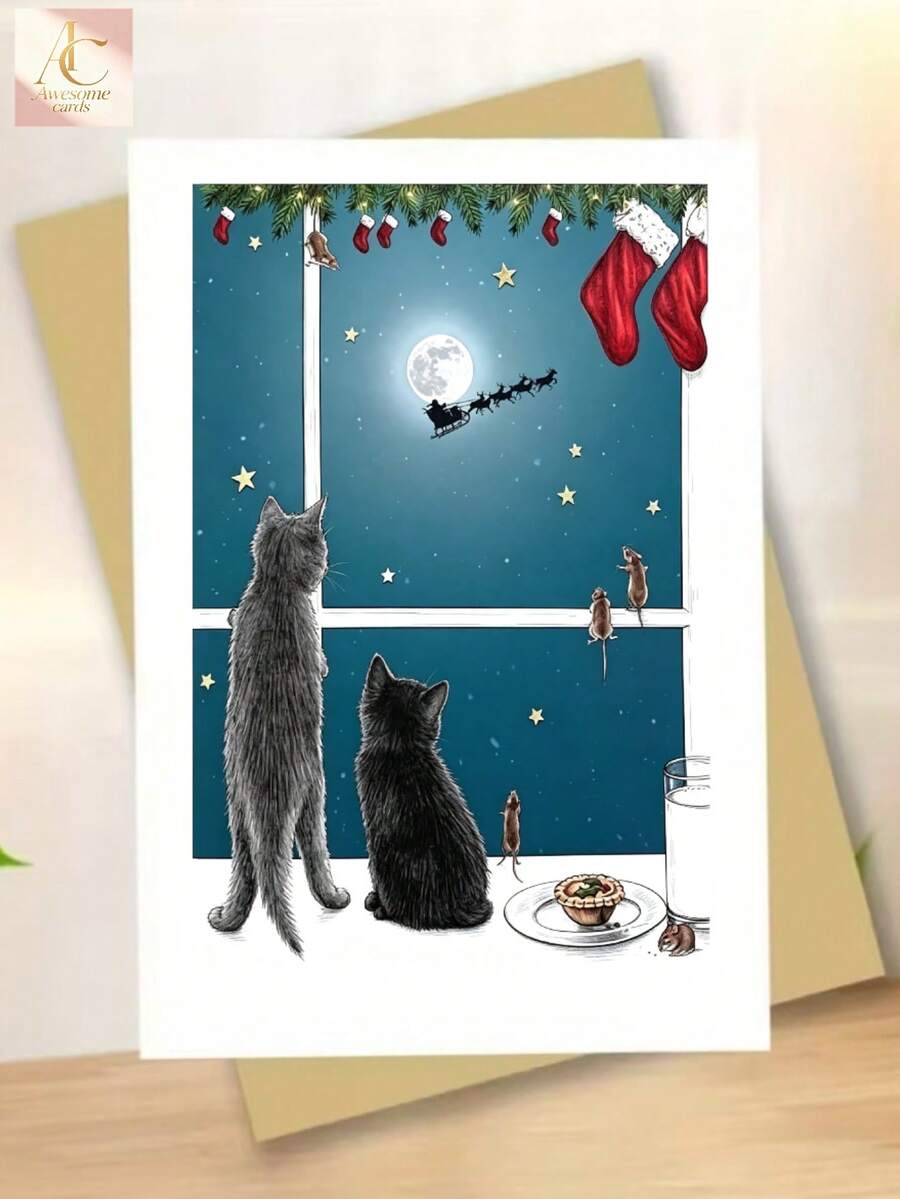 1pc Charming Gray Black Cat Christmas Card - High-Quality Paper,Perfect First Christmas Gift, Ideal For Cat Lovers, Family, Friends, And Colleagues, Suitable For Anyone - One Size Fits All - View 1