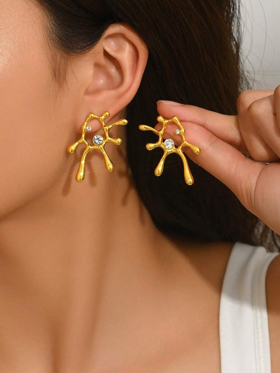 1 Pair Geometric Coral Flower Earrings, Sparkling Stud Earrings Suitable For Summer Vacation, Casual Beach Wear - Gold - View 1