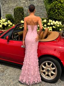 UNITHORSE [Random Cut] Women's Elegant Strapless Waist-Cinching Adjustable Back Tie Formal Evening Gown Dress - Pink - View 5