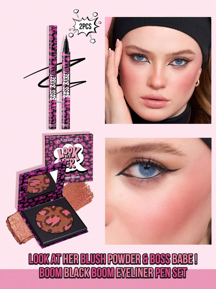 MISSLYN 2Pcs LOOK AT HER Blush Powder & BOSS BABE! Boom Black Eyeliner Pen Set, Silky Blendable Pigment, Precise Waterproof Liner, Face Kit Cheek/Eye, Daily/Summer/Party, Y2K/Soft Glam/Beach, Blush & Eyeliner Set - #2+#50 - View 1