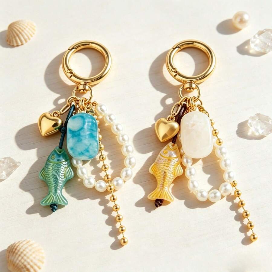 Small Fish Pearl Keychain, Multi-Layer Beaded Gold Heart Pendant, Backpack Car Key Bag Charm, Summer Beach Travel Accessory, Suitable For Straw Bags, Canvas Bags, Fashion Enthusiasts, Birthday Graduation Teacher's Day Gift - Multicolor - View 1