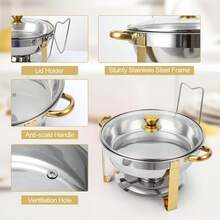 TUMATICLY 2/4PCS Gold Buffet Chafing Dish (5Quart), Round Chafing Dish Set With Lid Rack, RolledEdge Design, Mirror Polished StainlessSteel, Suitable For Catering, Parties And Weddings, For Cooking Only - Gold-2PCS - View 3