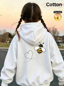 2026 Autumn/Winter Girls' Custom Loose White Hoodie, Cute Cartoon Bee And Heart Line Graphic, Casual And Adorable Style - White - View 12